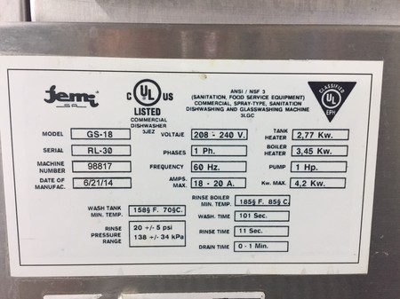 Insinger GS-18 Commercial Dishwasher