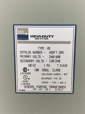 Hevi-Duty, HS5F7.5AS, Encapsulated Automation Transformer